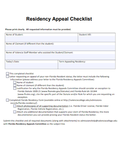 sample residency appeal checklist template