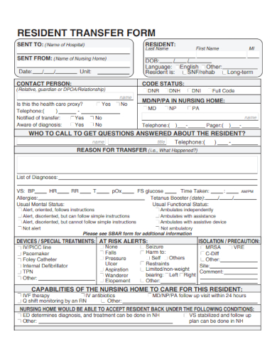 sample resident transfer form template