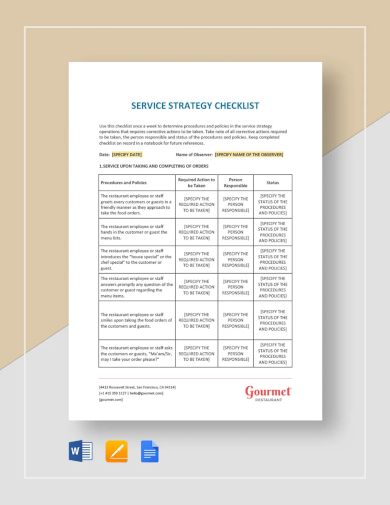 sample restaurant service strategy checklist template