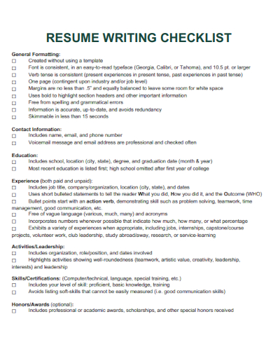 sample resume writing checklist template