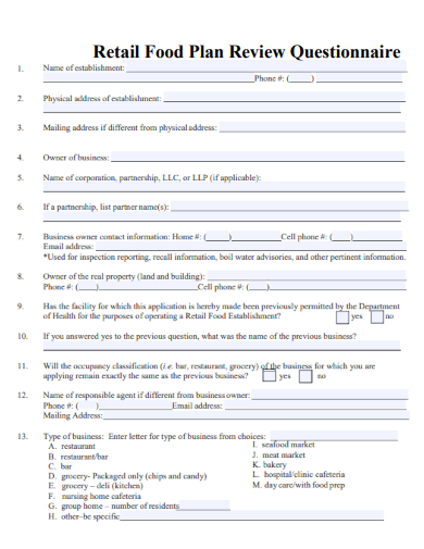 sample retail food plan review questionnaire template