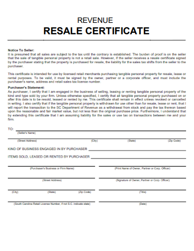 sample revenue resale certificate template