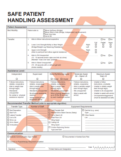 sample safe patient handling assessment form template