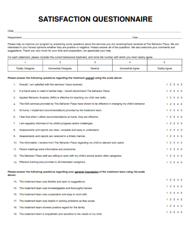 sample satisfaction questionnaire formal template