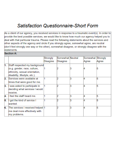 sample satisfaction questionnaire short form template