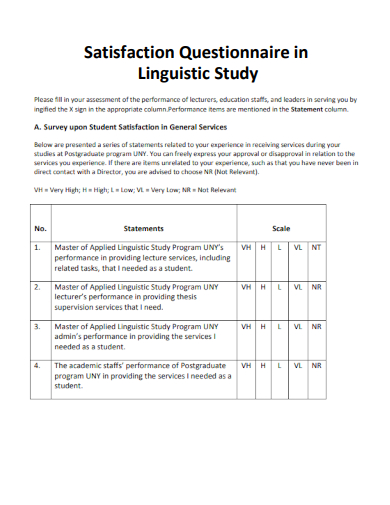 sample satisfaction questionnaire in linguistic study template