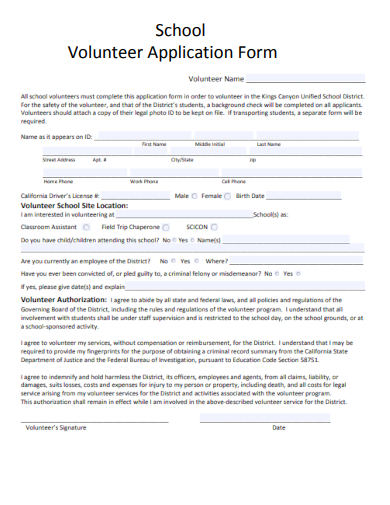 sample school volunteer application form template