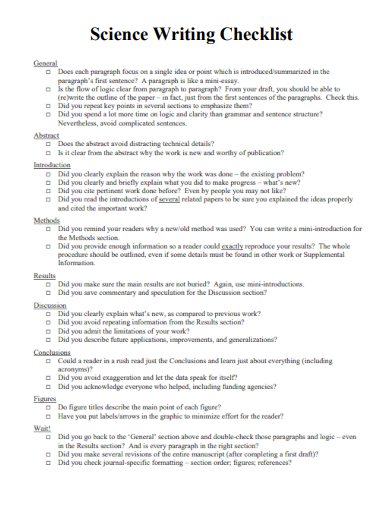 sample science writing checklist template