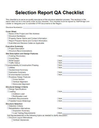 sample selection report quality assurance checklist template