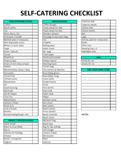 sample self catering checklist template