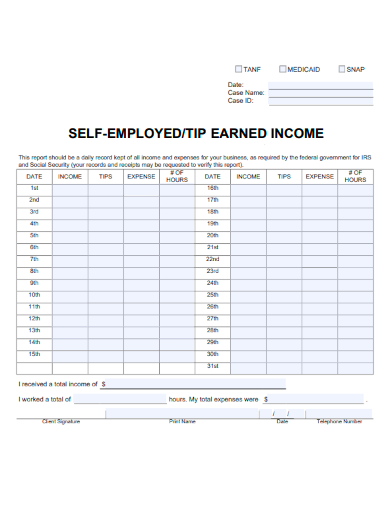 sample self employed tip earned income template