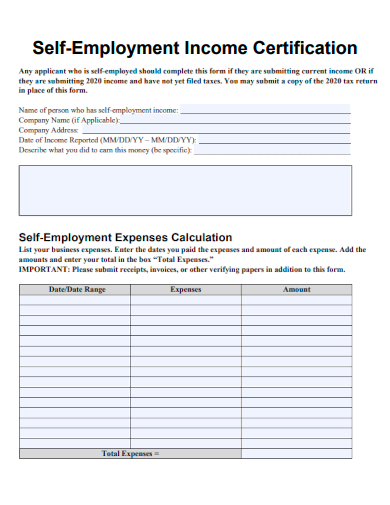 sample self employment income certification template