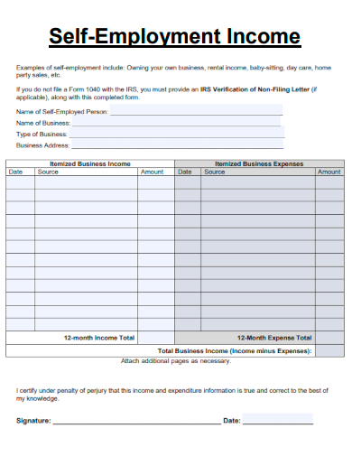 sample self employment income standard template