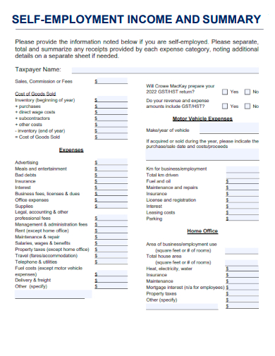 sample self employment income summary template