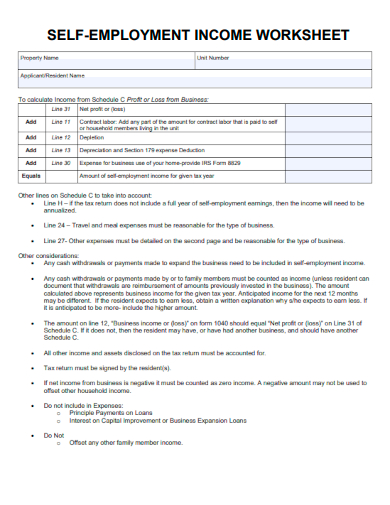sample self employment income worksheet template