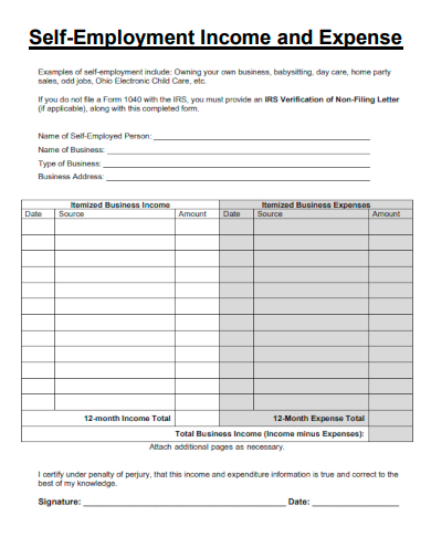 sample self employment income and expense template