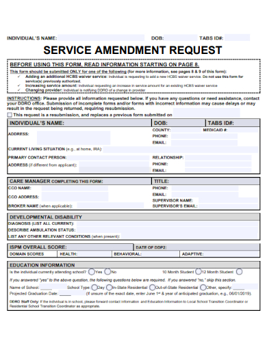 sample service amendment request template