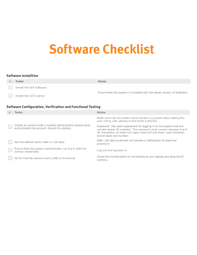 sample software checklist blank template