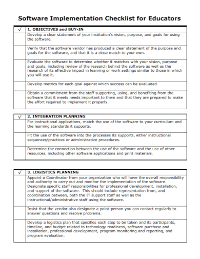 sample software implementation checklist for educators template