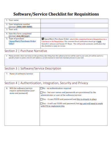 sample software service checklist for requisitions template