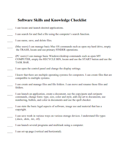 sample software skills and knowledge checklist template