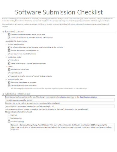 sample software submission checklist template
