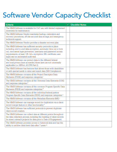 sample software vendor capacity checklist template