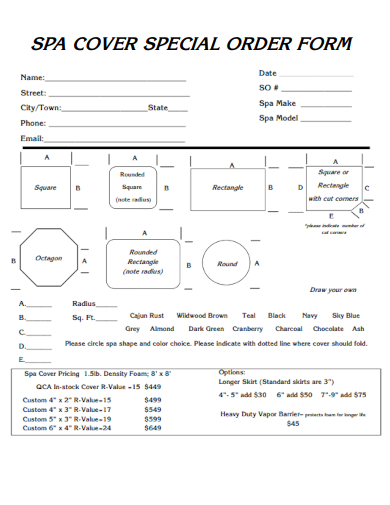 sample spa cover special order form template