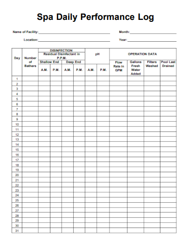 sample spa daily performance log form template