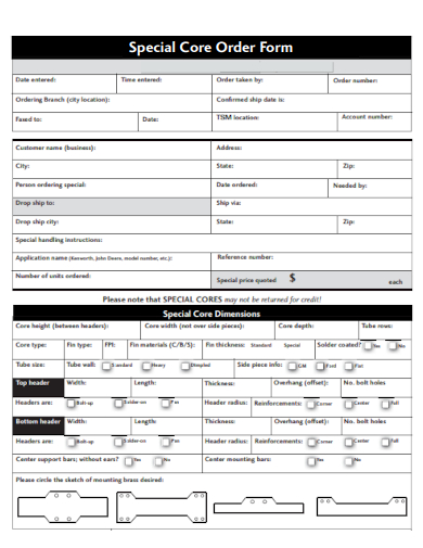 sample special core order form template