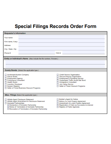 sample special filings records order form template