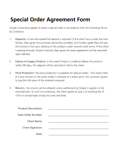 sample special order agreement form template