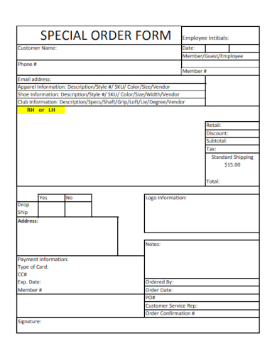 sample special order form blank template