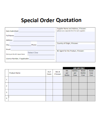 sample special order quotation form template