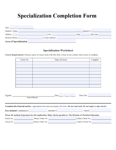 sample specialization completion form template