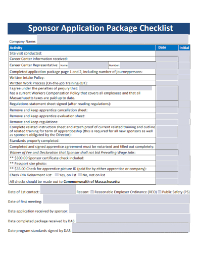 sample sponsor application package checklist template