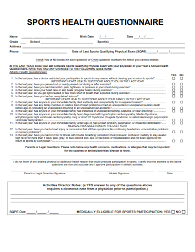 sample sports health questionnaire template