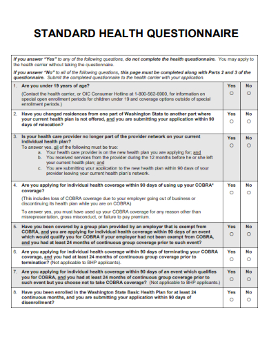 sample standard health questionnaire template