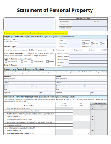 sample statement of personal property form template