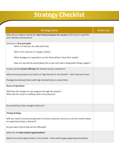 sample strategy checklist blank template