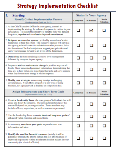 sample strategy implementation checklist template