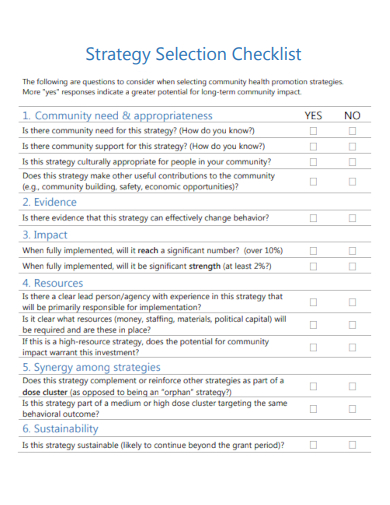 sample strategy selection checklist template