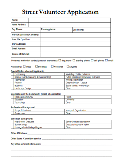 sample street volunteer application form template