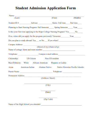 sample student admission application form template