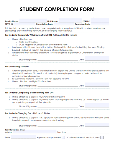sample student completion form template