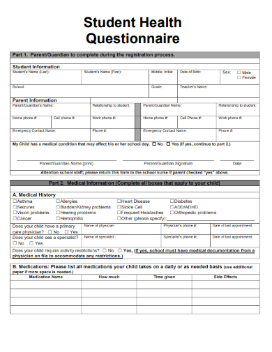 sample student health questionnaire template
