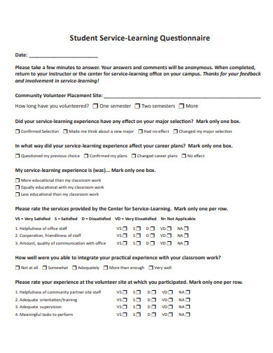 sample student service learning questionnaire template