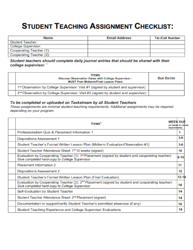 sample student teaching assignment checklist template