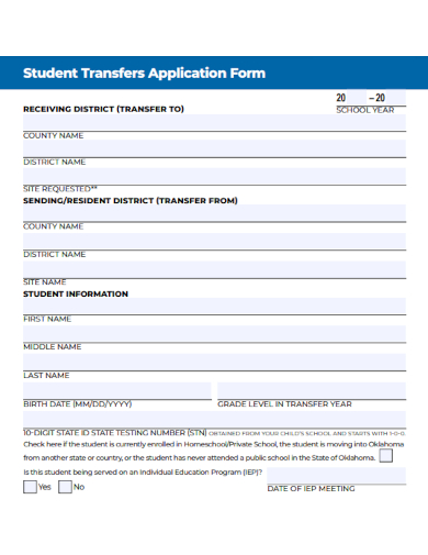 sample student transfer application form template