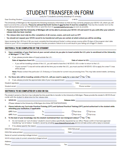 sample student transfer in form template